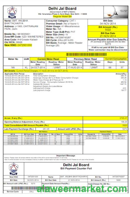 INIDA DELHI JAL BOARD utility bill Word and PDF template
